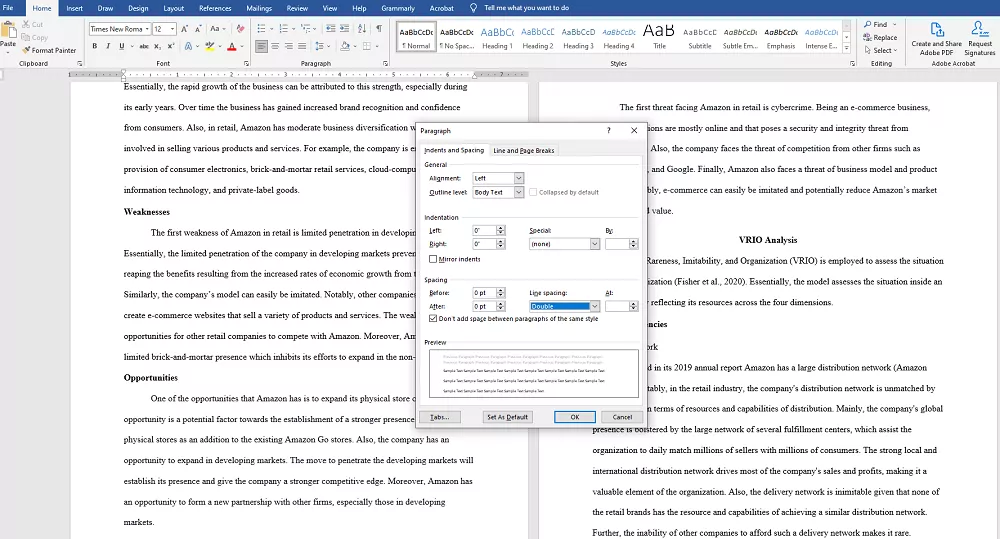 Setting double-spacing in MS Word